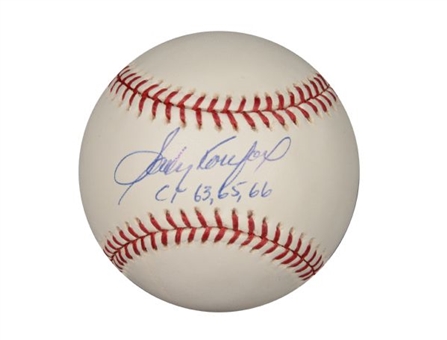 Sandy Koufax Autographed Baseball with Cy Young Inscription - "Cy 63, 65, 66"